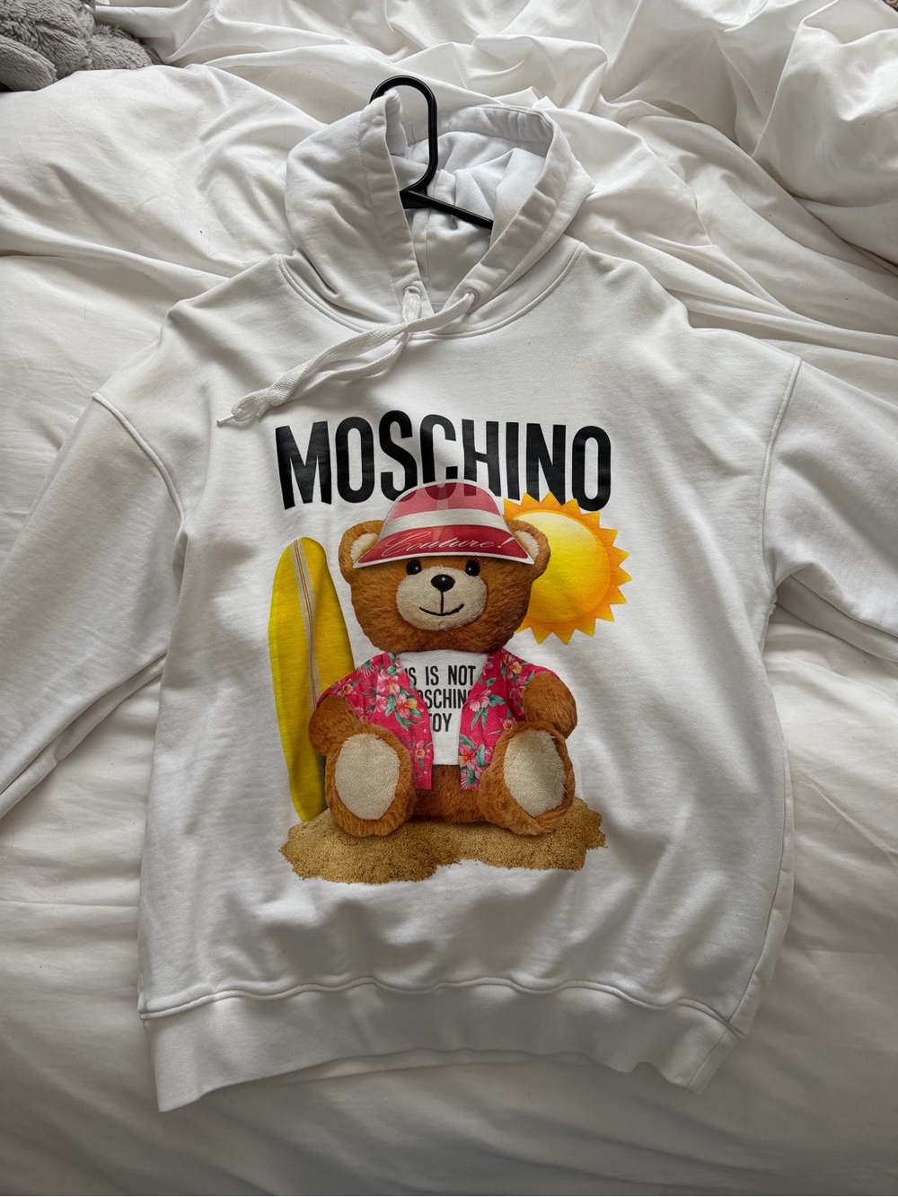 Moschino White Hoodie with Teddy Bear, Yellow Surfboard and Pink Hat